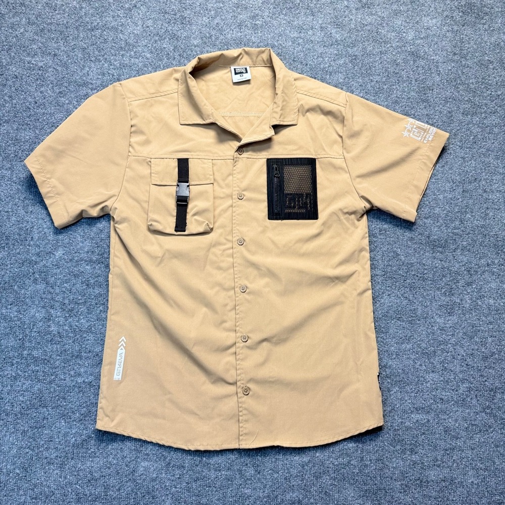 GTL4 Shirt Mens Medium Brown Button Short‎ Sleeve Mesh Zip Pocket Military